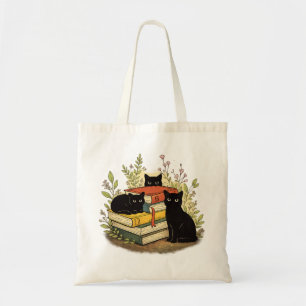 Tote Bag Chats noirs fantaisistes empilant des livres - Art
