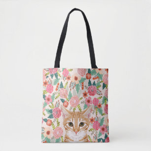Tote Bag Chats Tabby orange et fleurs vintages