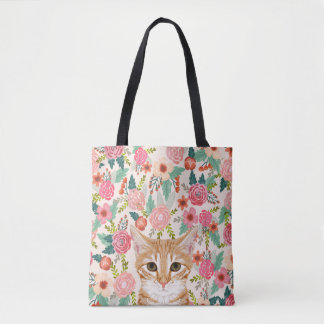 Tote Bag Chats Tabby orange et fleurs vintages