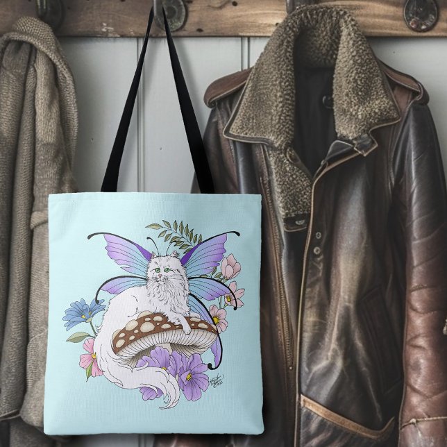 Tote Bag Chatte Fée Blanche Fantastique Champignon Bleu Cap (Créateur téléchargé)