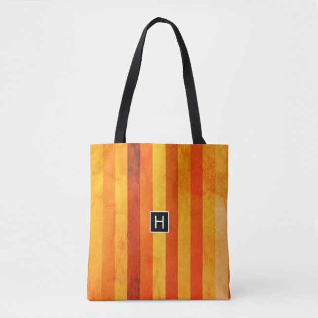 Tote Bag Chaud Patiné Orange Rouge rayures Monogramme (Devant)