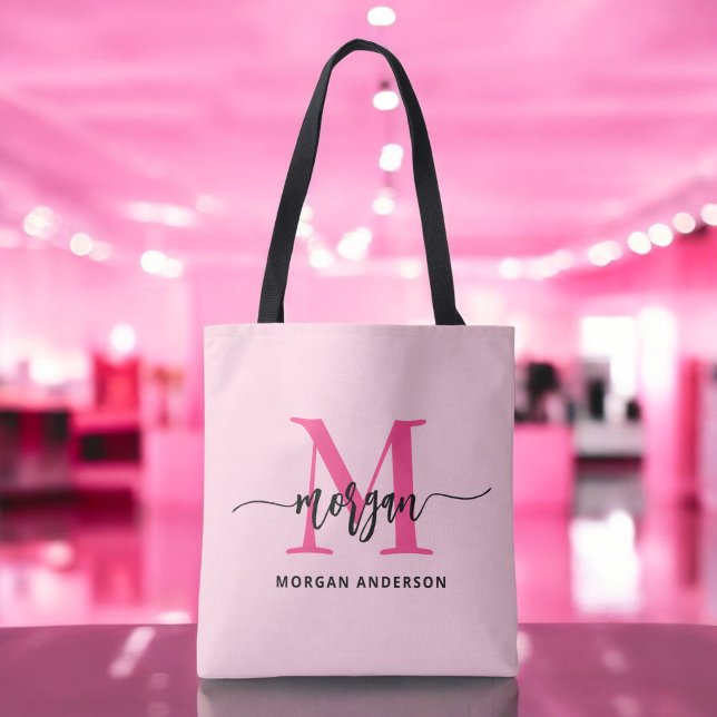 Tote Bag Chaud rose moderne Script Girl Monogramme Nom (Créateur téléchargé)