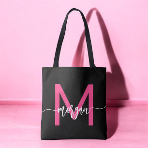 Tote Bag Chaud rose noir moderne Script Girl Monogramme Nom