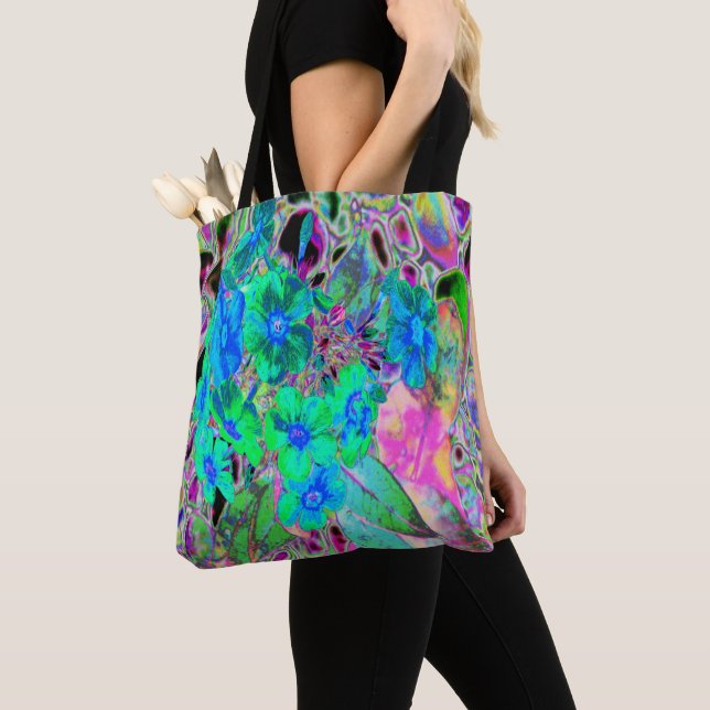 Tote Bag Chaux psychédélique Trippy Lime Vert et Bleu Fleur (De près)