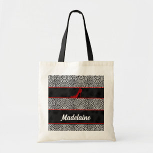 Tote Bag Cheetah d'argent et de noir avec nom rouge