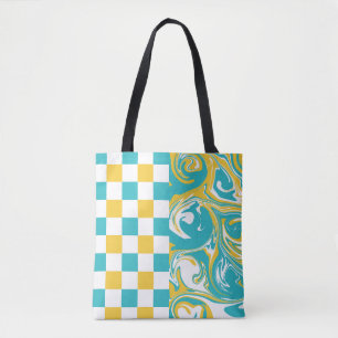 Tote Bag Chèques et permules en Turquoise, Jaune et Blanc