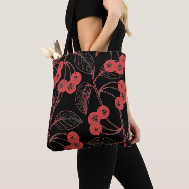 Tote Bag Cherries and Leaves Red on Black (De près)