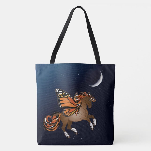 Tote Bag Cheval avec Monarque Papillon ailes et Lune (Devant)