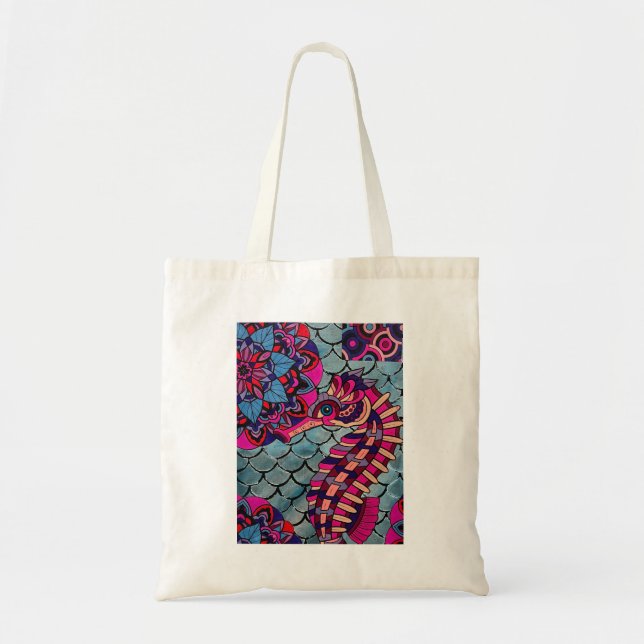 Tote Bag Cheval de mer rose et violet (Devant)