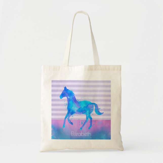Tote Bag Cheval en Aquarelle bleu et violet Personnalisé (Devant)