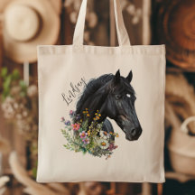 Cheval Noir Fleurs sauvages w Nom Personnalisation