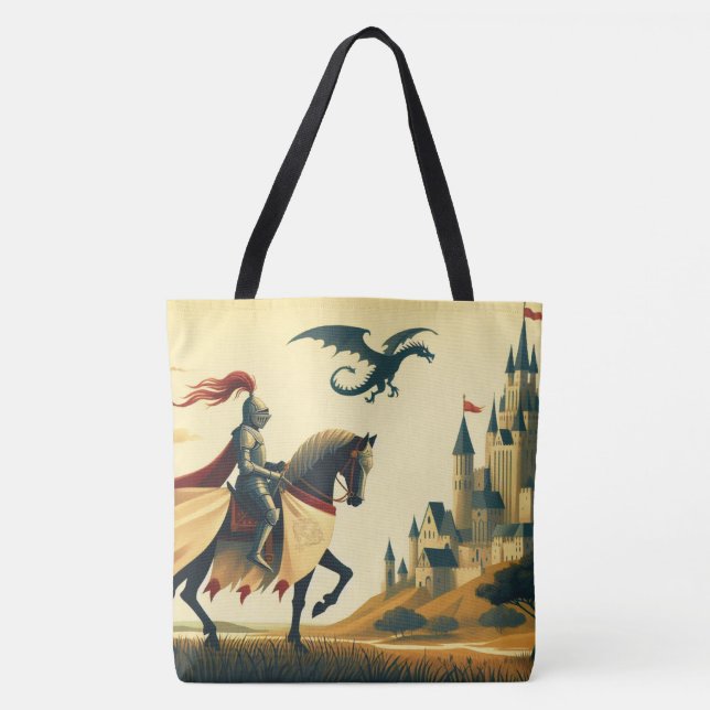 Tote Bag Chevalier médiéval/dragon/château fantastique (Devant)