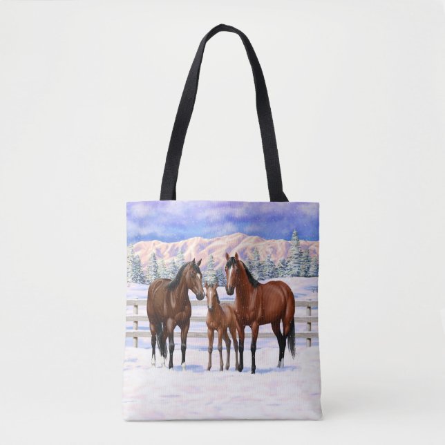 Tote Bag Chevaux Du Quartier De La Baie Brown En Neige (Devant)