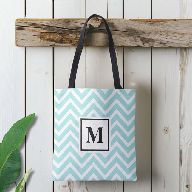 Tote Bag Chevron Bleu et Blanc Monogrammé (Créateur téléchargé)