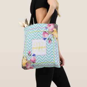 Tote Bag Chevron et fleurs Monogrammé