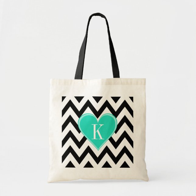 Tote Bag Chevron noir et blanc avec le monogramme turquoise (Devant)