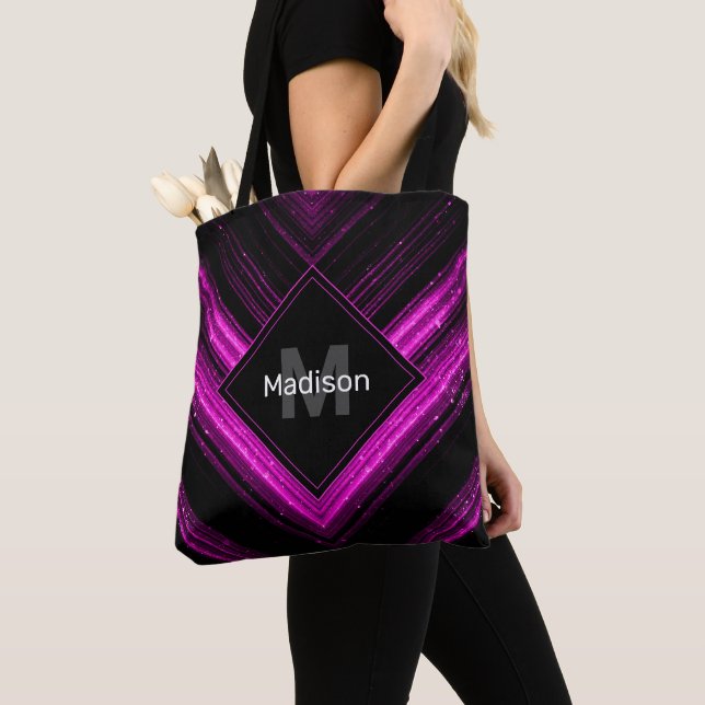 Tote Bag Chevron noir rose chaud brillant métallique Monogr (De près)