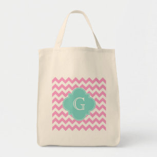 Tote Bag Chevron rose blanc Zigzag Aqua Quatrefoil Monogram