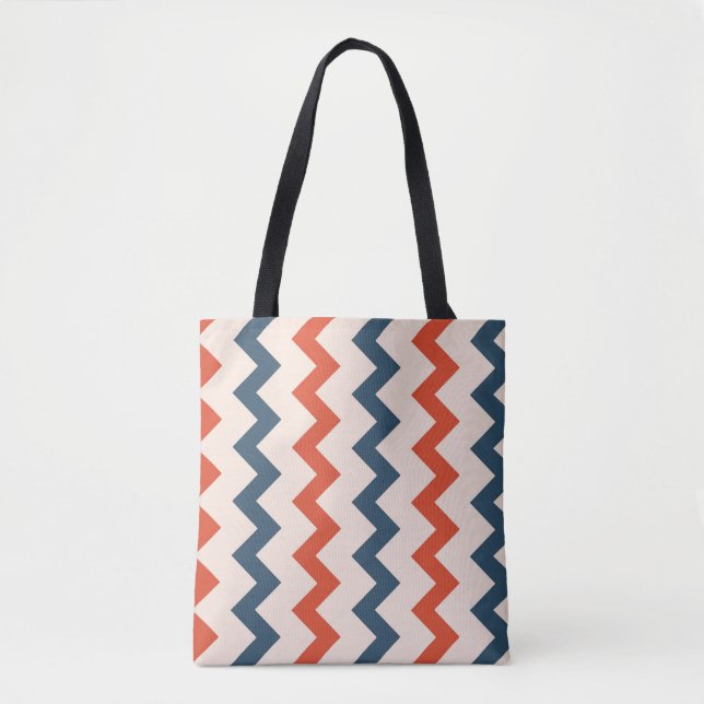 Tote Bag Chevron zigzag design bleu foncé orange sur rose (Devant)