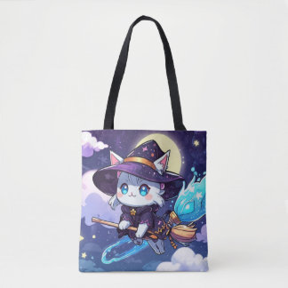 Tote Bag Chibi Witch Cat Flying in Starry Sky – Kawaii Magi