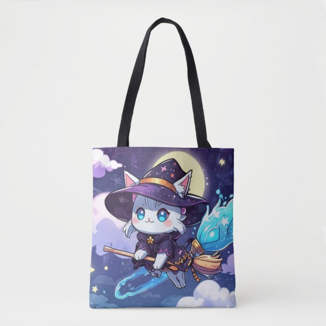 Tote Bag Chibi Witch Cat Flying in Starry Sky – Kawaii Magi (Devant)