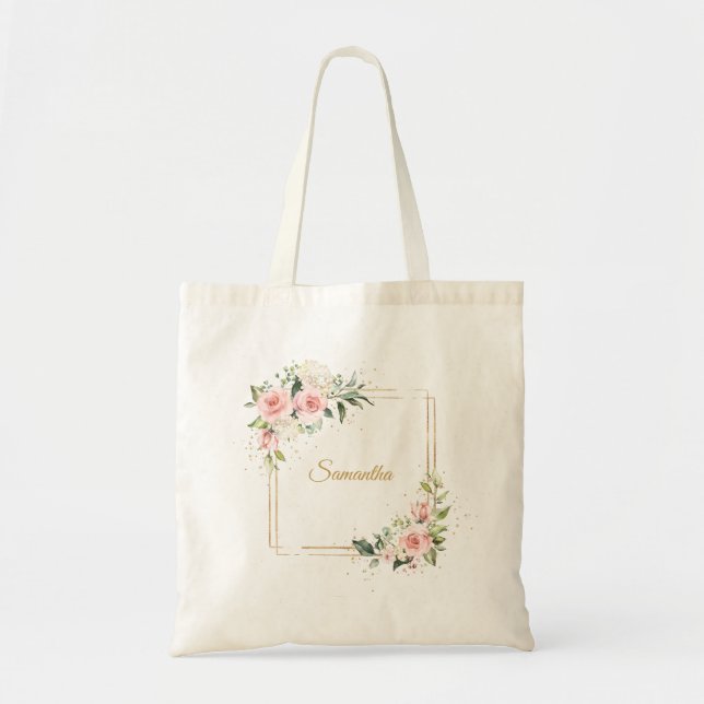 Tote Bag Chic aquarelle fleurs rousses eucalyptus or (Devant)