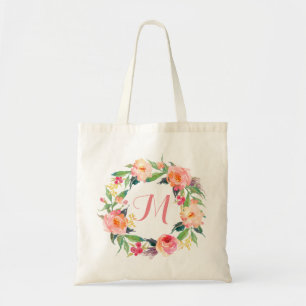 Tote Bag Chic aquarelle Floral Wreath Monogramme