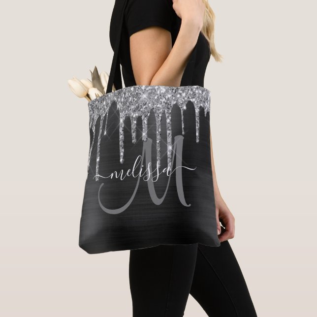 Tote Bag Chic Black Brossé Metal Argent Parties scintillant (De près)