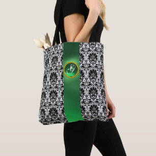 TOTE BAG CHIC BLACK WHITE DAMASK JADE GREEN GEM MONOGRAM