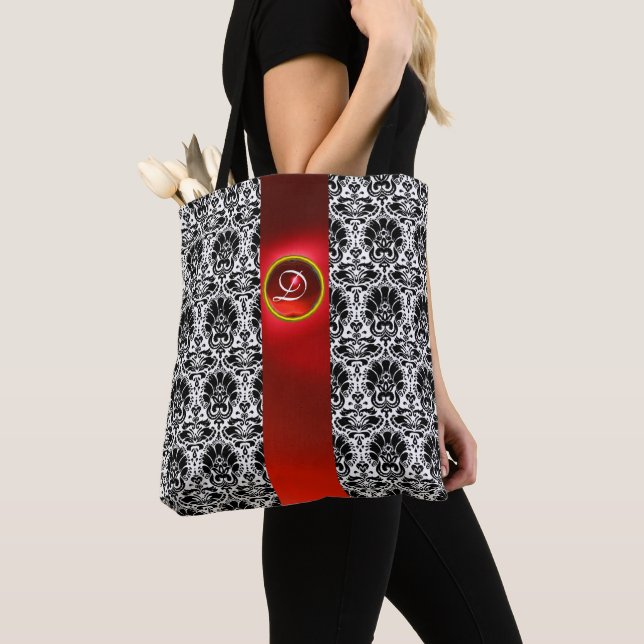 TOTE BAG CHIC BLACK WHITE DAMASK RED RUBY GEMSTONE MONOGRAM (De près)