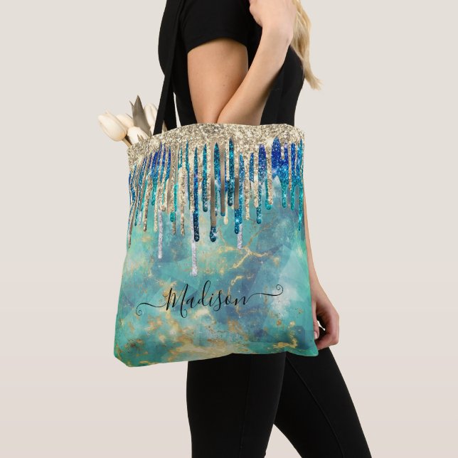 Tote Bag Chic bleu turquoise or parties scintillant gouttes (De près)