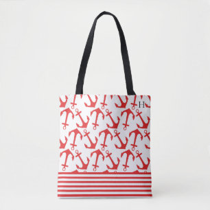 Tote Bag Chic Coastal Red Ancre Motif Monogramme