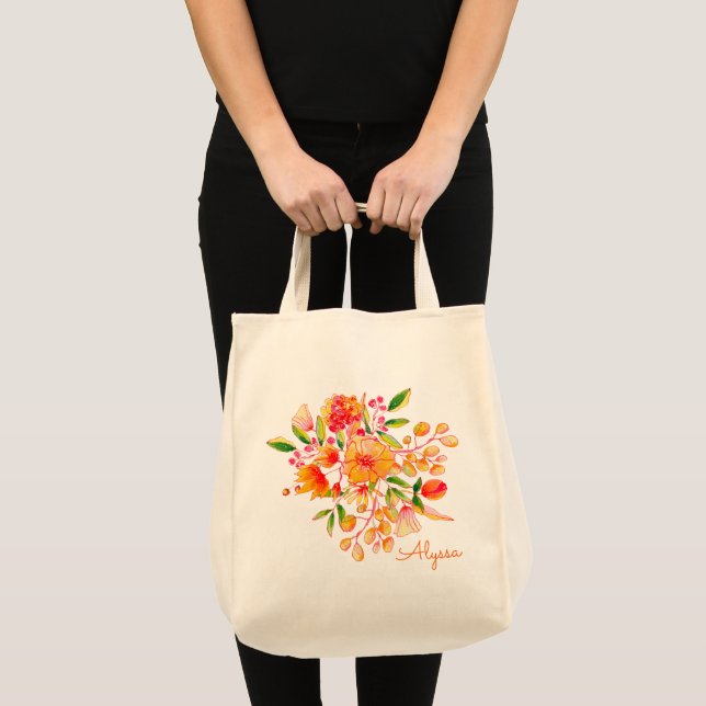 Tote Bag Chic Élégant Fleurs Aquarelle Orange Personnalisé (Devant (produit))