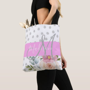 Tote Bag Chic & Féminin Fleurs Blanc Rose Gris Monogramme N