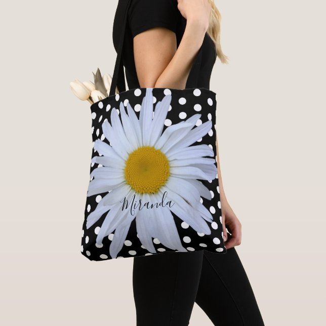 Tote Bag Chic Fille Noir Blanc Pois Daisy Personnalisé (De près)