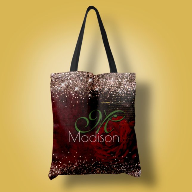 Tote Bag Chic fleur rouge faux or parties scintillant monog (Créateur téléchargé)