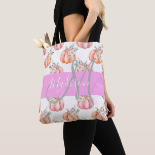 Tote Bag Chic Fleurs Blanc Rose Pêche Citrouille Monogramme