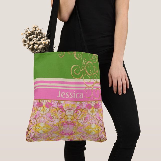 Tote Bag Chic fun rose et vert (De près)