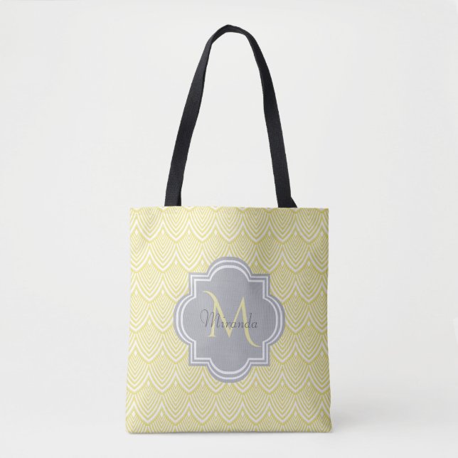 Tote Bag Chic Jaune Art Déco Scallops Grey Monogramme Nom (Devant)