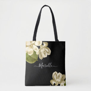 Tote Bag Chic Magnolias Blanc Sur Noir Élégant