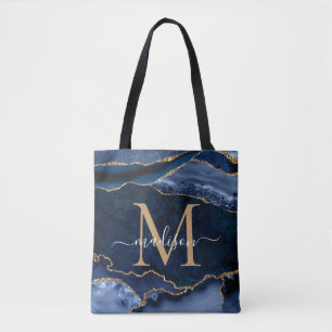 Tote Bag Chic Marine Blue Gold Agate Geode Feminine Monogra