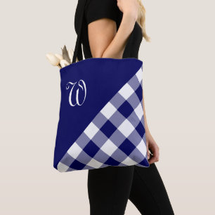 Tote Bag Chic Monogramme Bleu Blanc Buffalo Check Géométr