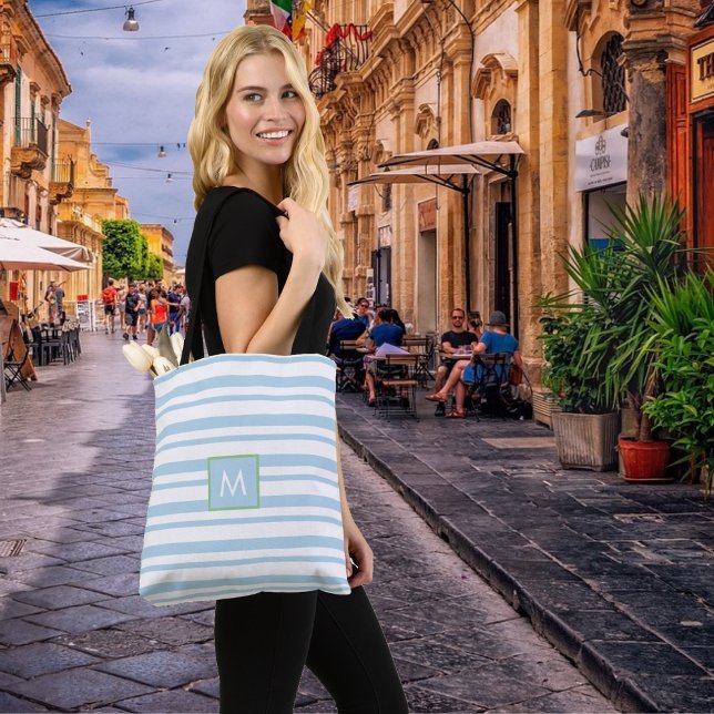 Tote Bag Chic Monogramme Bleu clair et blanc rayé (Créateur téléchargé)