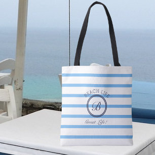 Tote Bag Chic Monogramme Bleu et Blanc Strited Beach Life
