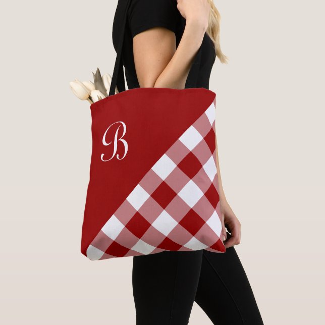 Tote Bag Chic Monogramme Rouge Blanc Buffalo Check Géométri (De près)