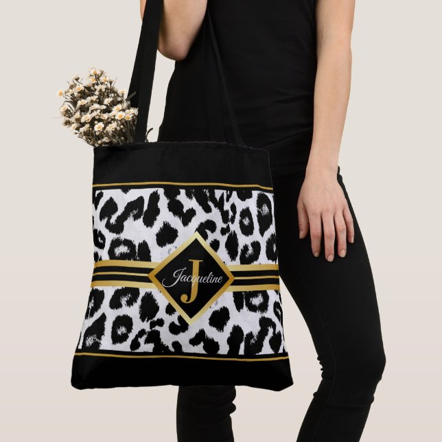 Tote Bag Chic Monogramme sur Poster de animal Black et Faux (De près)