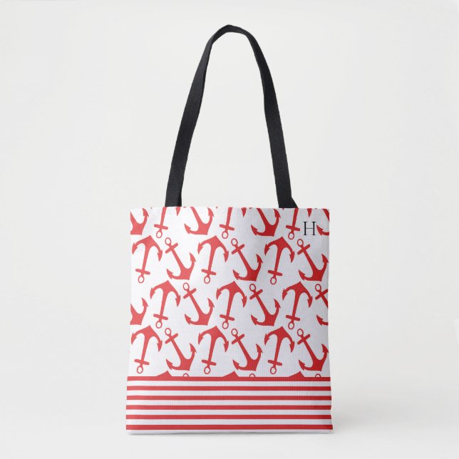 Tote Bag Chic motif d'ancre rouge côtier avec monogramme (Devant)