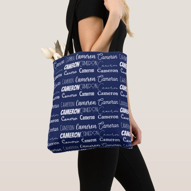 Tote Bag Chic Navy Blue Personalized Name Collage (De près)