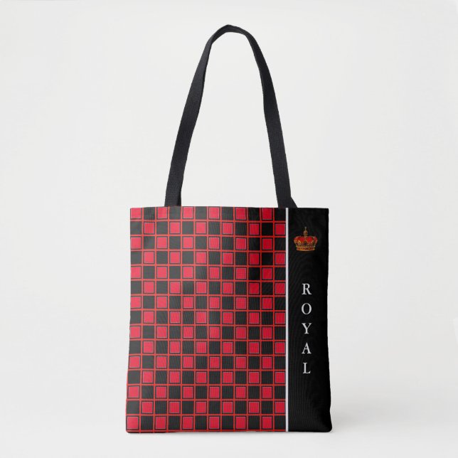 Tote Bag Chic noir & rouge à damiers & calligraphie (Devant)
