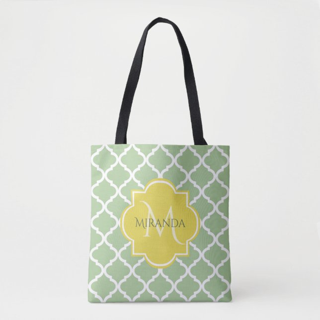 Tote Bag Chic Pastel Green Quatrefoil Jaune Nom Monogramme (Devant)